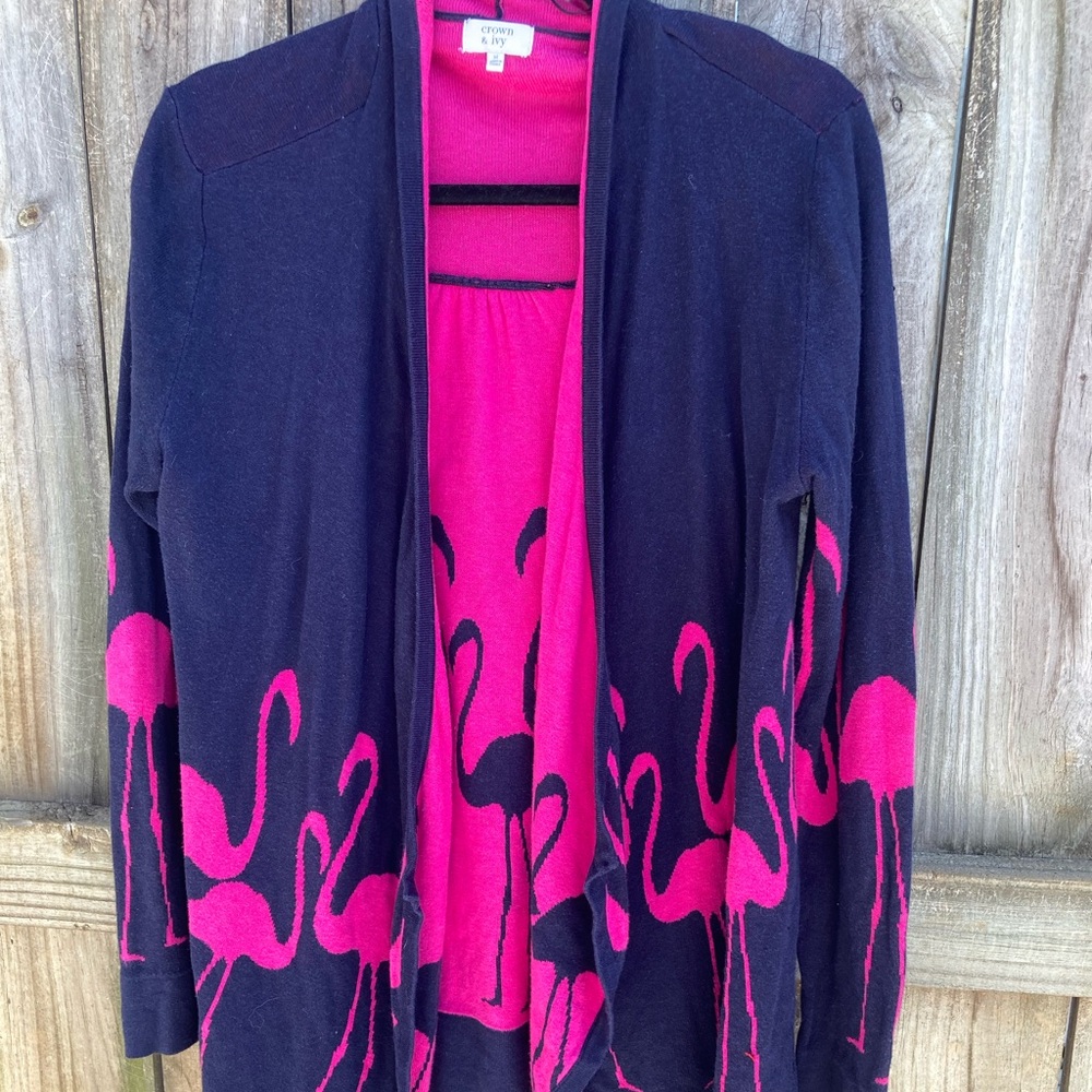 crown & ivy Navy and Hot Pink Flamingo Open Cardigan size M